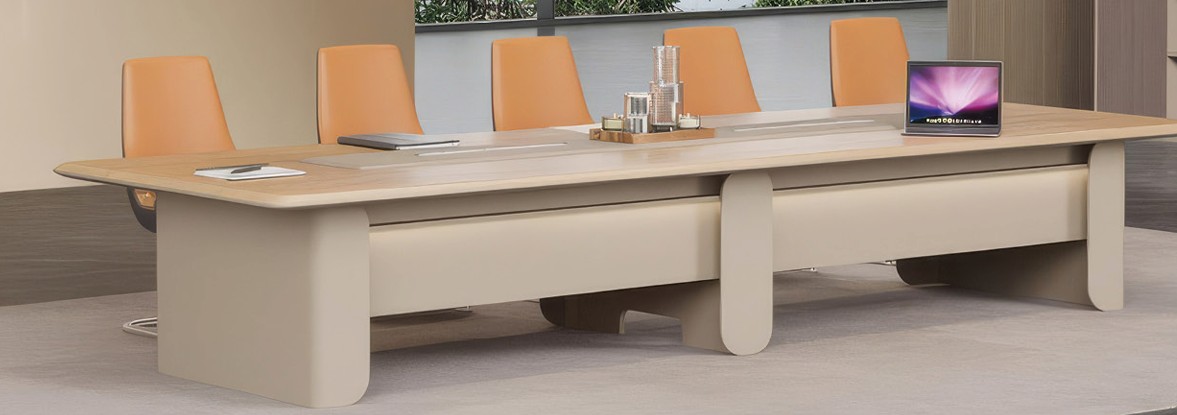 Light wood conference table with orange leather chairs in a bright meeting room