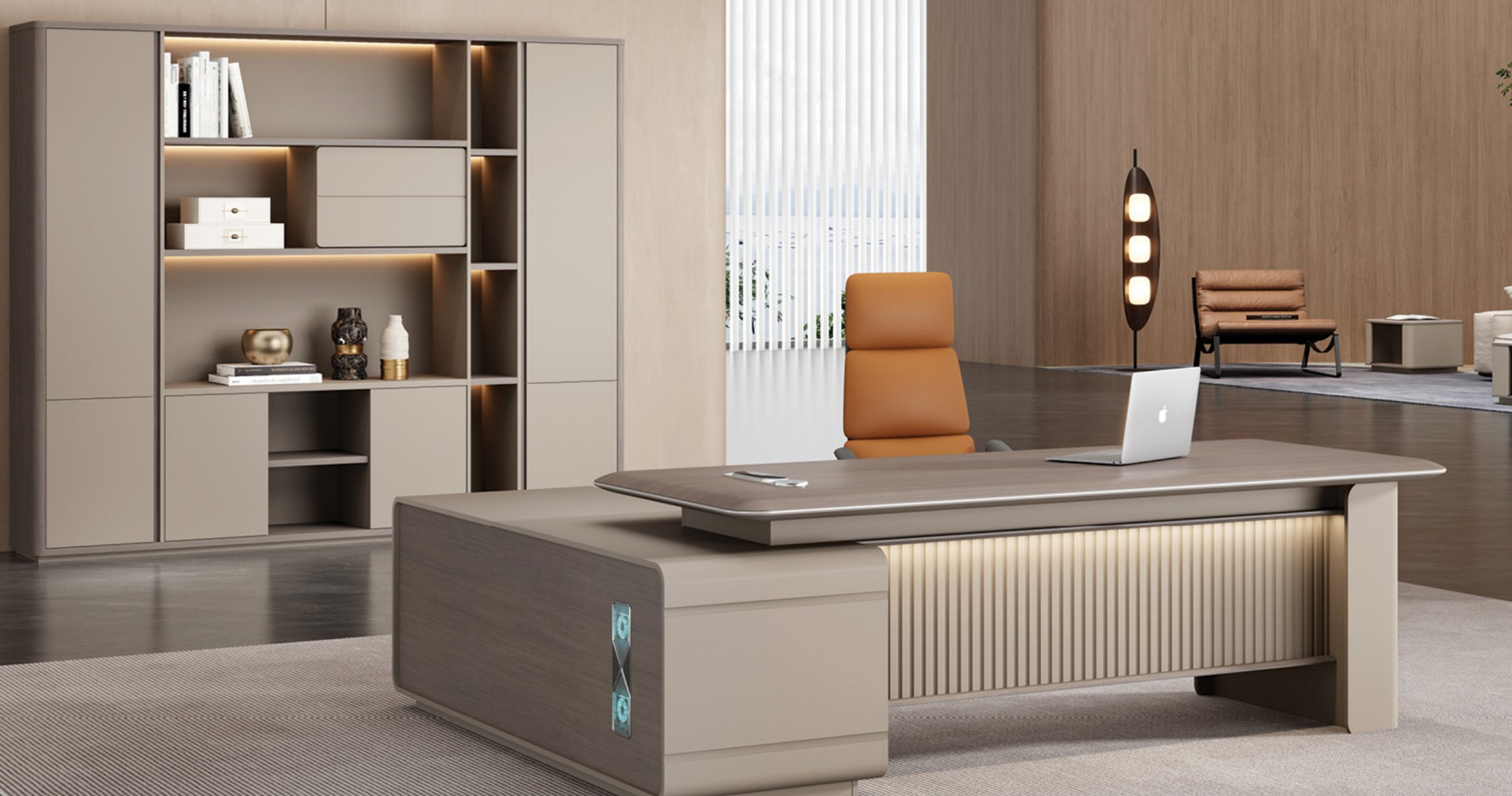 Premium executive desk with side return unit and storage pedestal in a contemporary office setting