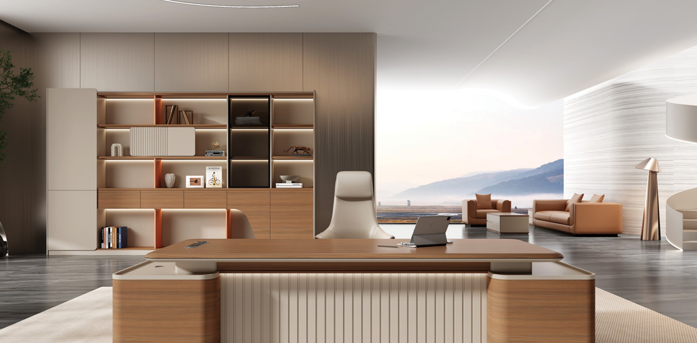 Executive L-shaped desk with premium veneer finish in a corporate interior