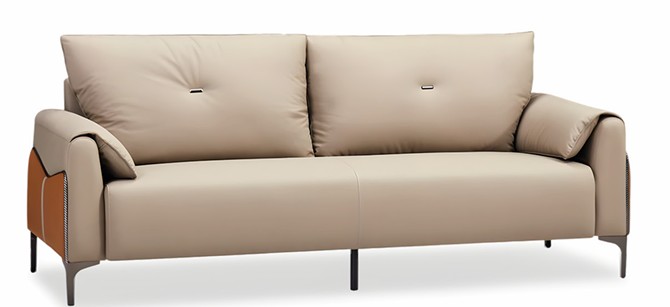 Beige three-seater lounge sofa with tufted cushions and slim metal legs