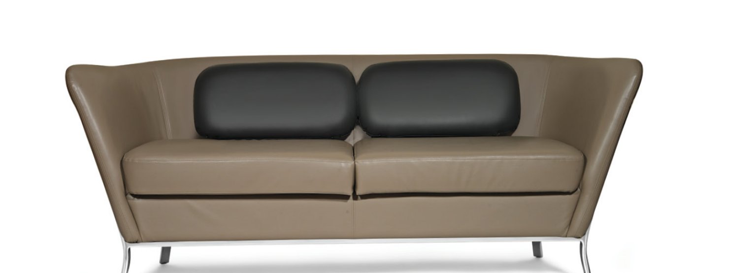 Taupe two-seater lounge sofa with curved wraparound backrest and chrome legs