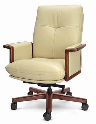 Cream leather executive chair with wooden armrests and polished swivel base
