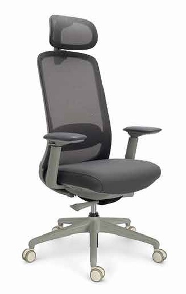 Grey mesh high-back ergonomic office chair with headrest and adjustable armrests