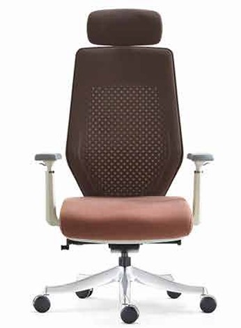 Brown leather high-back executive chair with perforated back panel and polished base
