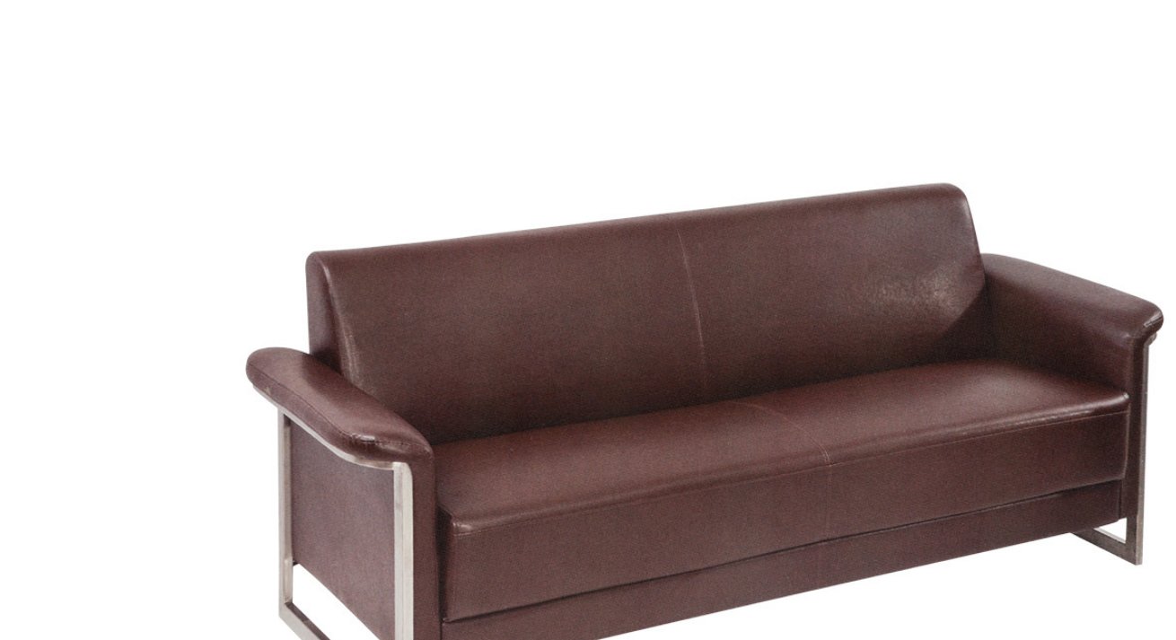 Dark brown leather three-seat reception sofa with chrome sled base